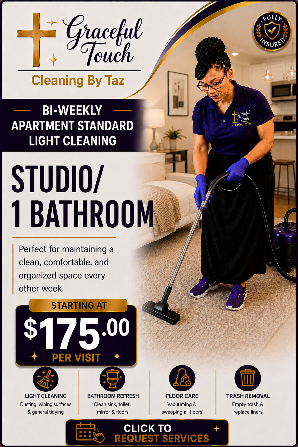 Apartment Standard Light Cleaning - Studio/1 Bathroom