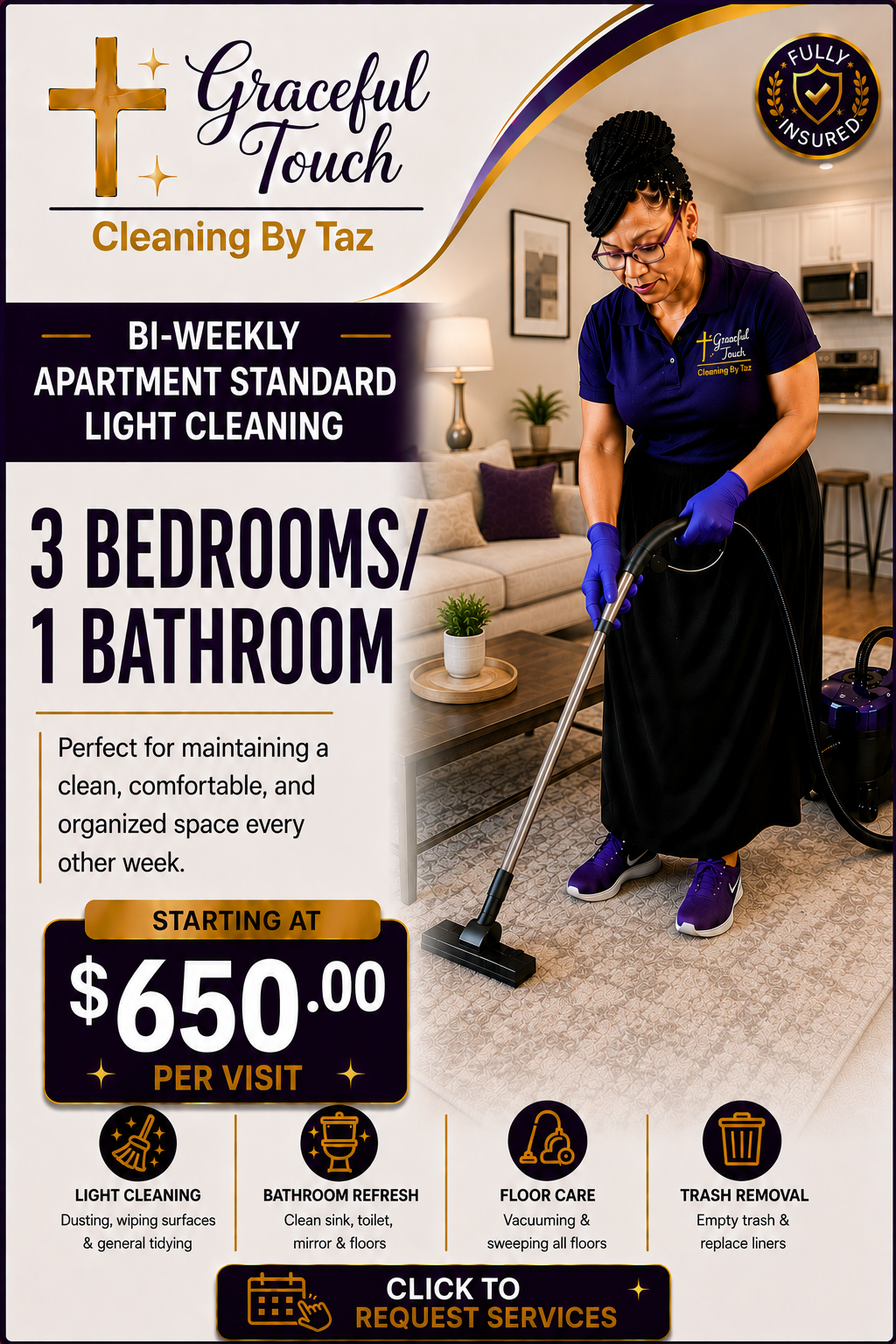 Apartment Standard Light Cleaning - 3 Bedroom/1 Bathroom