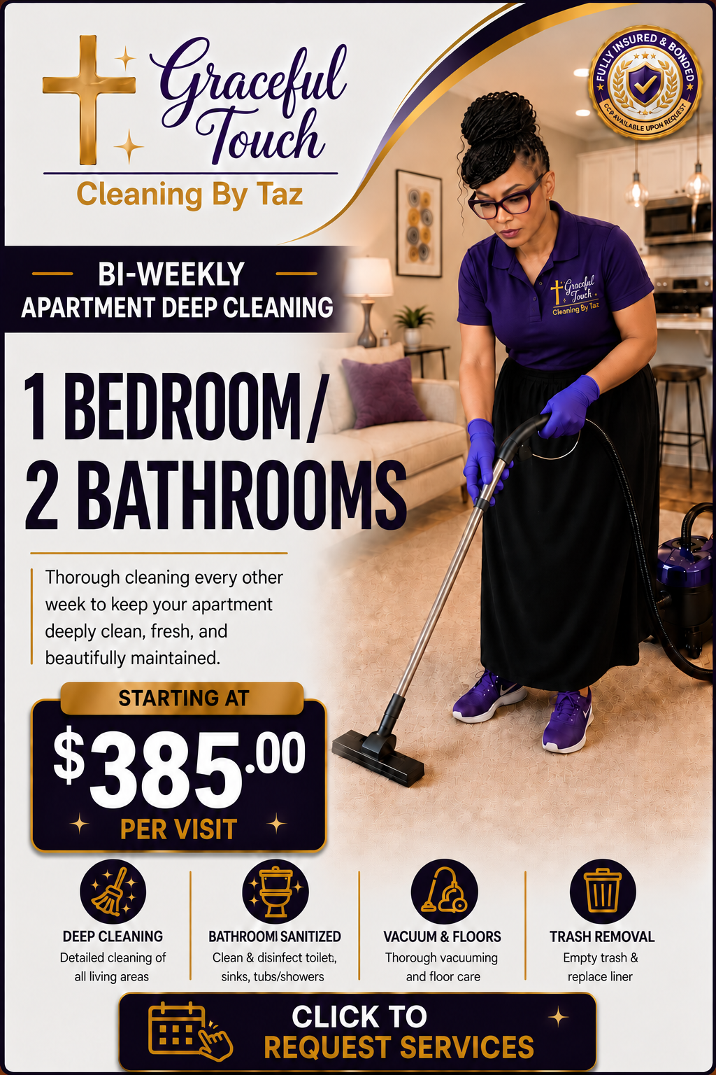 Apartment Deep Cleaning - 1 Bedroom/2 Bathrooms - Starting at $385.00 Per Visit